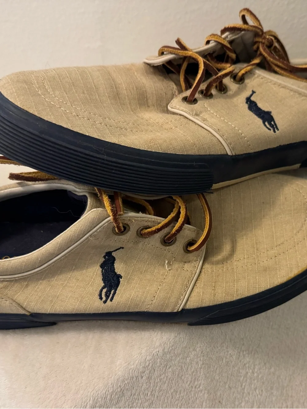 Ralph Lauren Tan Canvas Boat Shoes with Navy Sole